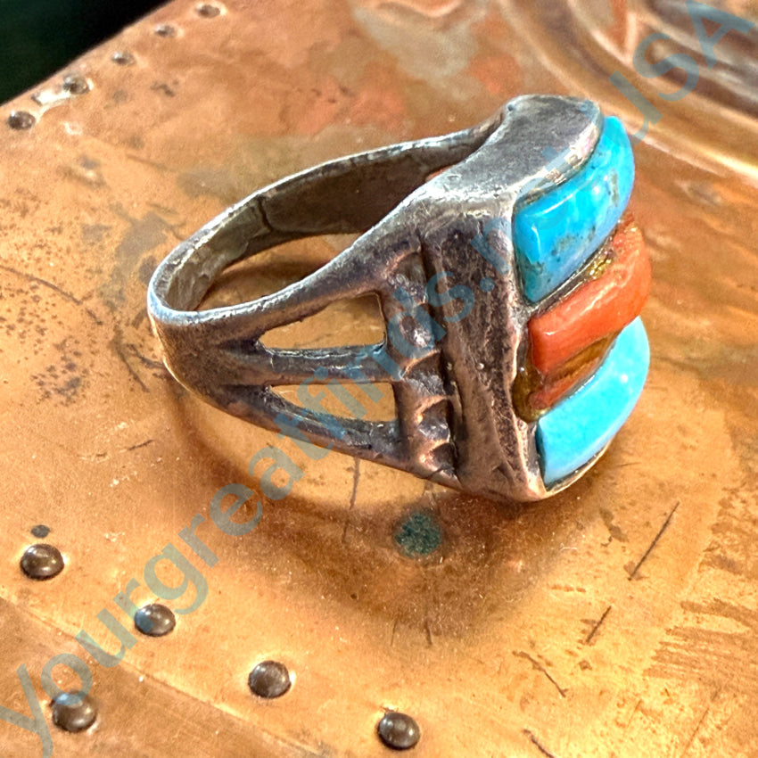 Old Rustic Navajo Sterling Silver Turquoise & Red Coral Ring 10 Ring