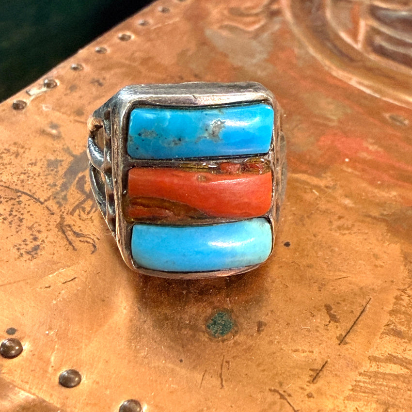 Old Rustic Navajo Sterling Silver Turquoise & Red Coral Ring 10 Ring