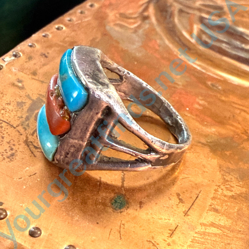 Old Rustic Navajo Sterling Silver Turquoise & Red Coral Ring 10 Ring