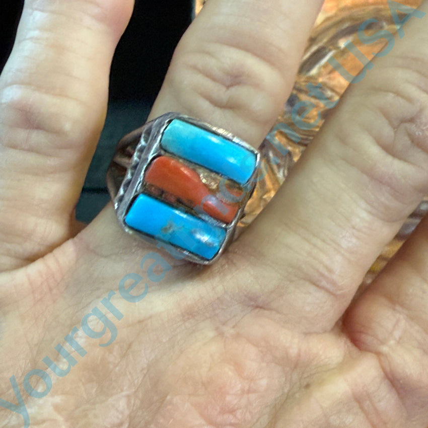 Old Rustic Navajo Sterling Silver Turquoise & Red Coral Ring 10 Ring