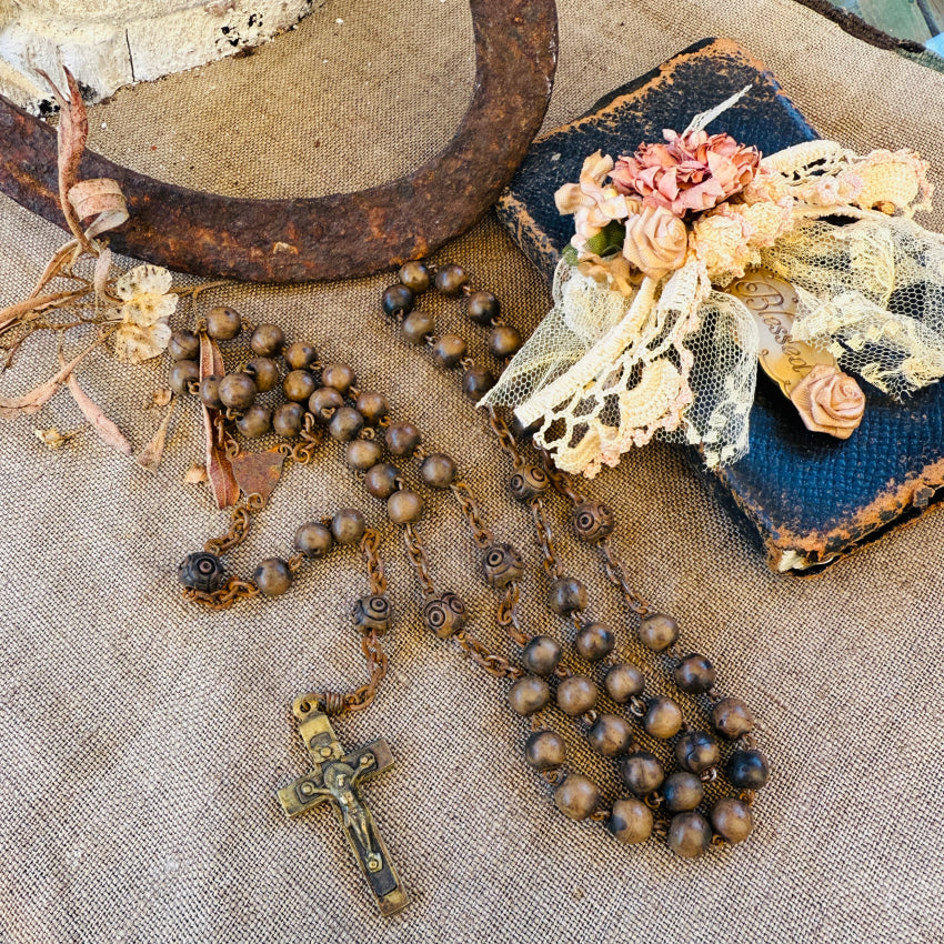 Old Rusty Wooden Beaded Rosary rosary necklace