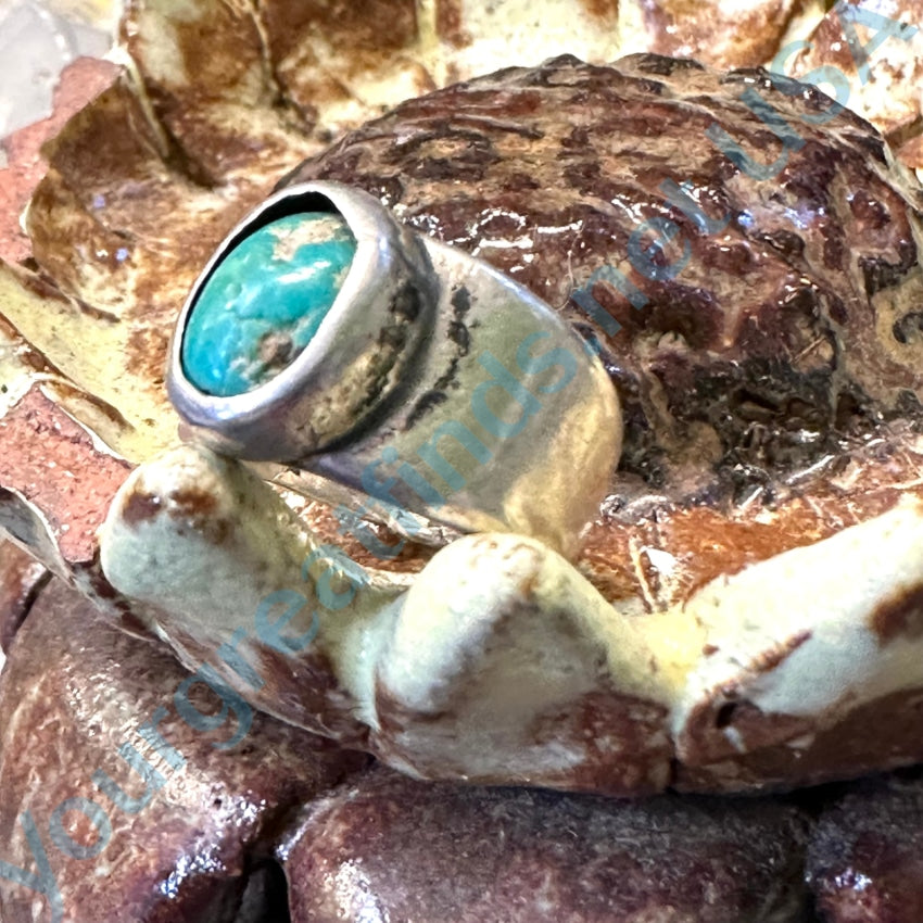Old Sand Cast Sterling Silver & Turquoise Baby Ring Size 2