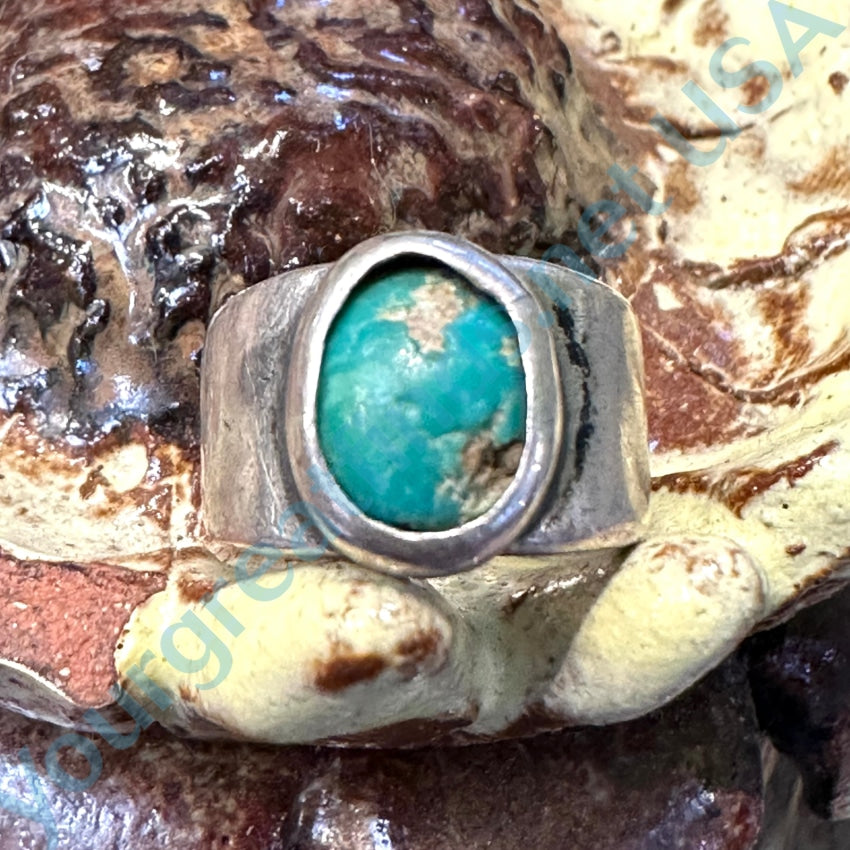 Old Sand Cast Sterling Silver &amp; Turquoise Baby Ring Size 2