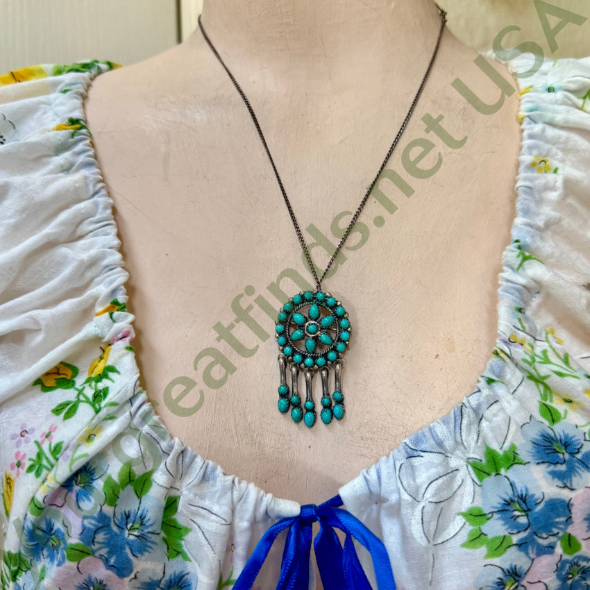 Old Signed Zuni Sterling Silver & Turquoise Pendant & Chain Necklace necklace