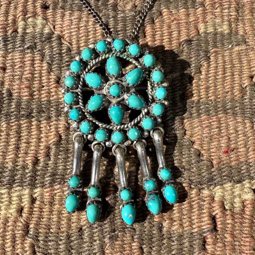 Old Signed Zuni Sterling Silver & Turquoise Pendant & Chain Necklace necklace