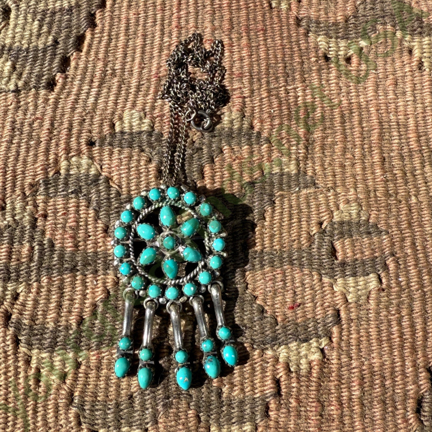 Old Signed Zuni Sterling Silver & Turquoise Pendant & Chain Necklace necklace