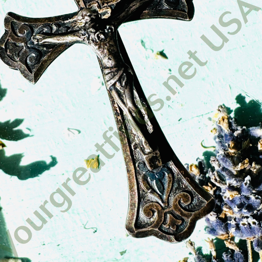 Old Solid Sterling Silver Crucifix On Continuous Chain Necklace