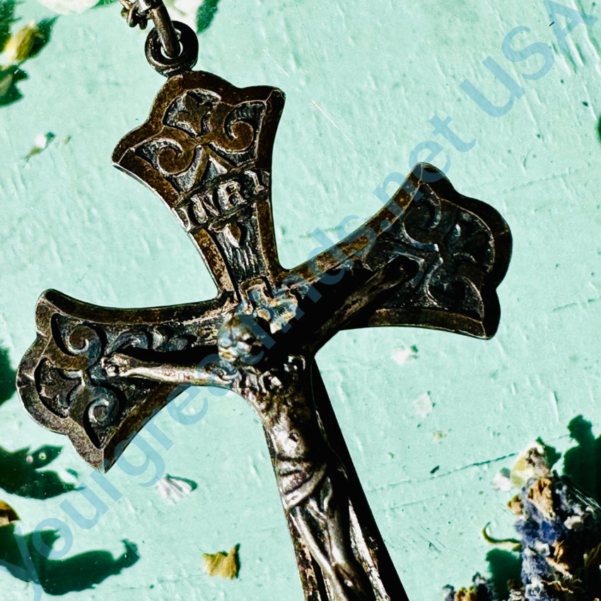 Old Solid Sterling Silver Crucifix On Continuous Chain Necklace