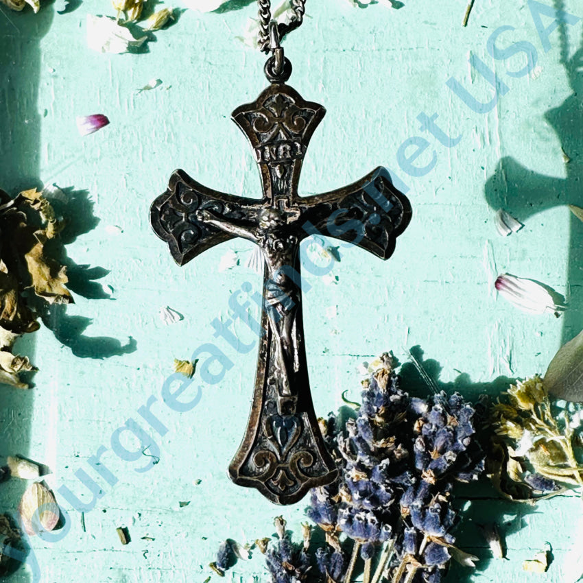 Old Solid Sterling Silver Crucifix On Continuous Chain Necklace