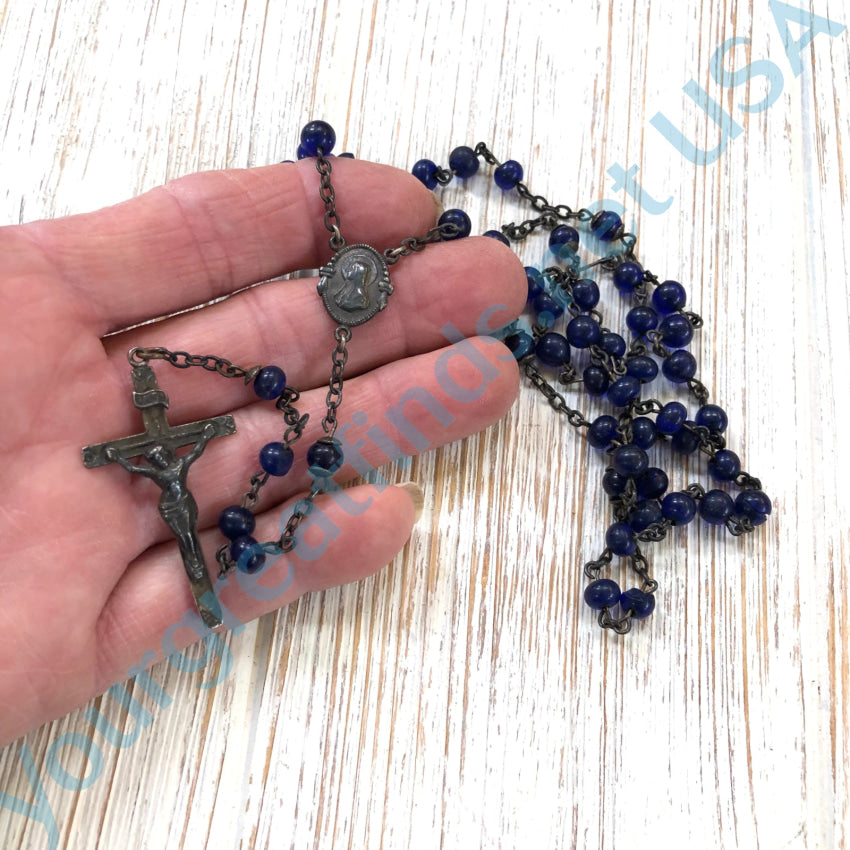 Old Sterling Silver &amp; Dark Blue Glass Rosary
