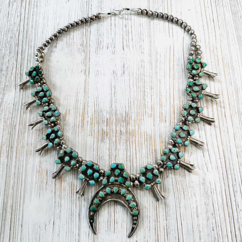 Old Sterling Silver Pale Turquoise Squash Blossom Necklace