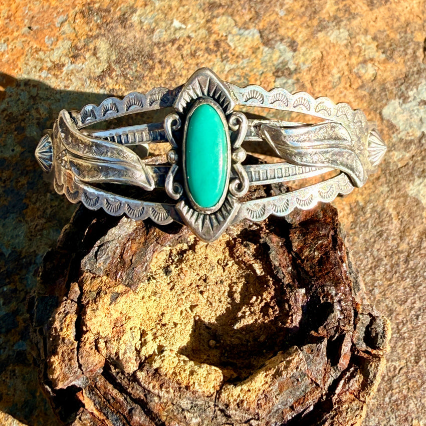 Old Sterling Silver & Turquoise Cuff Bracelet Bell Trading Post bracelet