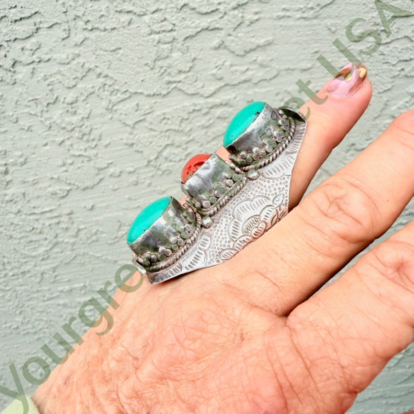 Old Tibetan Sterling Silver Long Ring Coral & Turquoise Size 12 ring