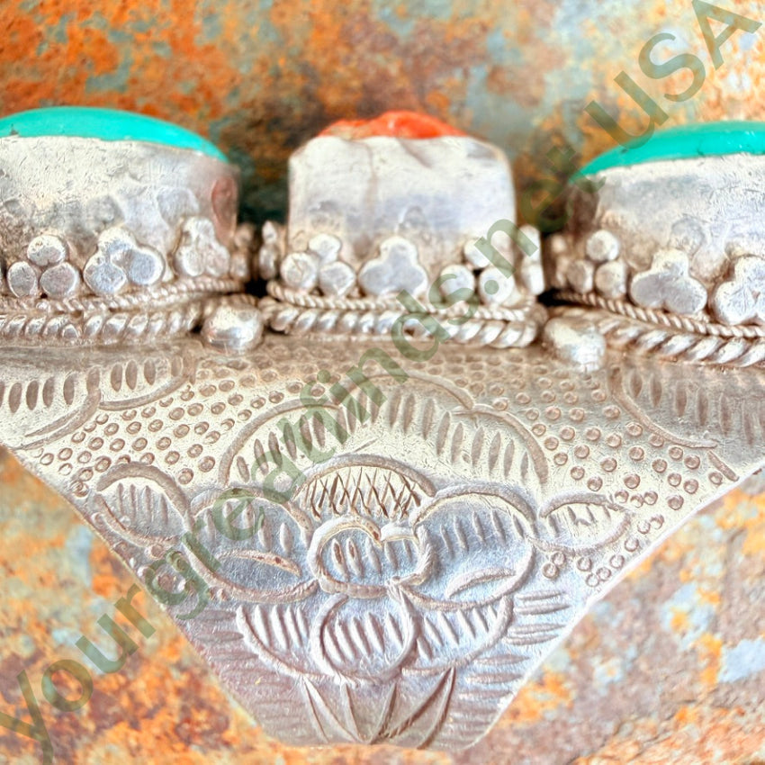 Old Tibetan Sterling Silver Long Ring Coral & Turquoise Size 12 ring