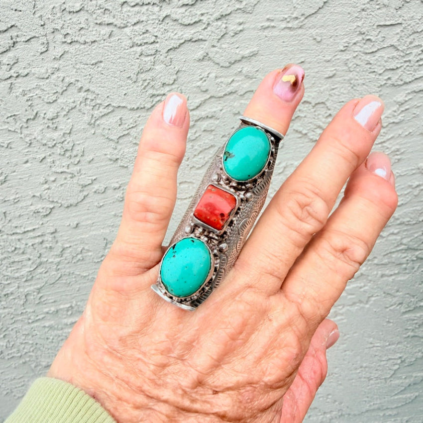 Old Tibetan Sterling Silver Long Ring Coral & Turquoise Size 12 ring