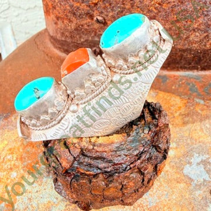 Old Tibetan Sterling Silver Long Ring Coral & Turquoise Size 12 ring