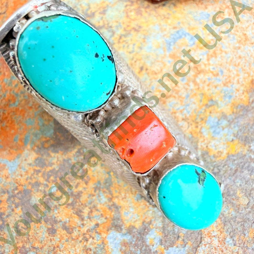 Old Tibetan Sterling Silver Long Ring Coral & Turquoise Size 12 ring