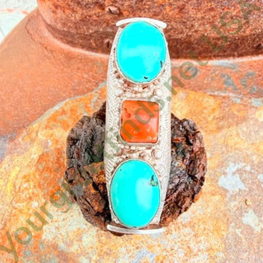 Old Tibetan Sterling Silver Long Ring Coral & Turquoise Size 12 ring