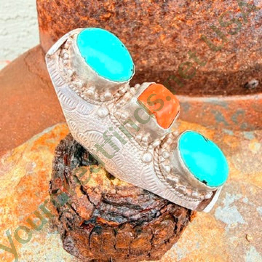 Old Tibetan Sterling Silver Long Ring Coral & Turquoise Size 12 ring