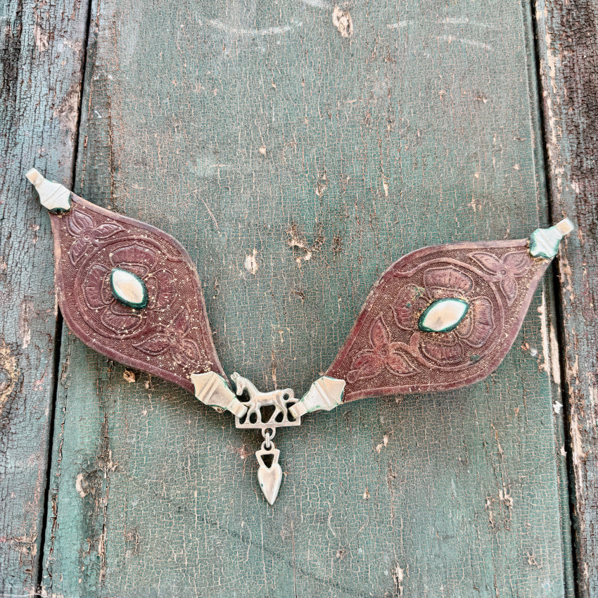 Old Tooled Leather Horse Tack with Metal Hose & Heart Hardware antique