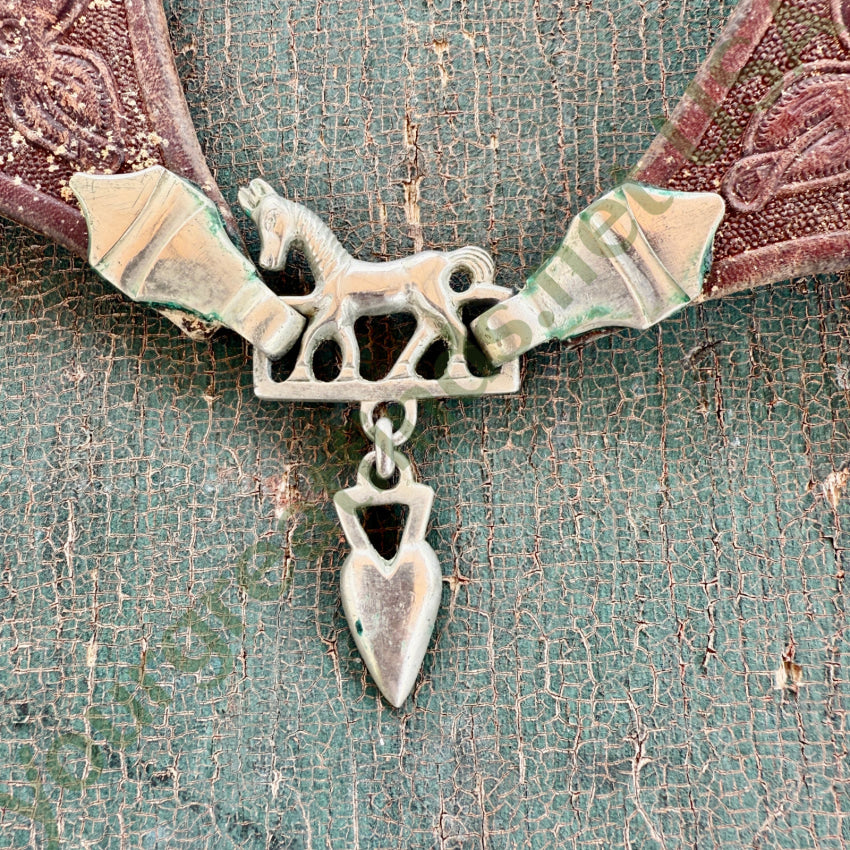 Old Tooled Leather Horse Tack with Metal Hose & Heart Hardware antique