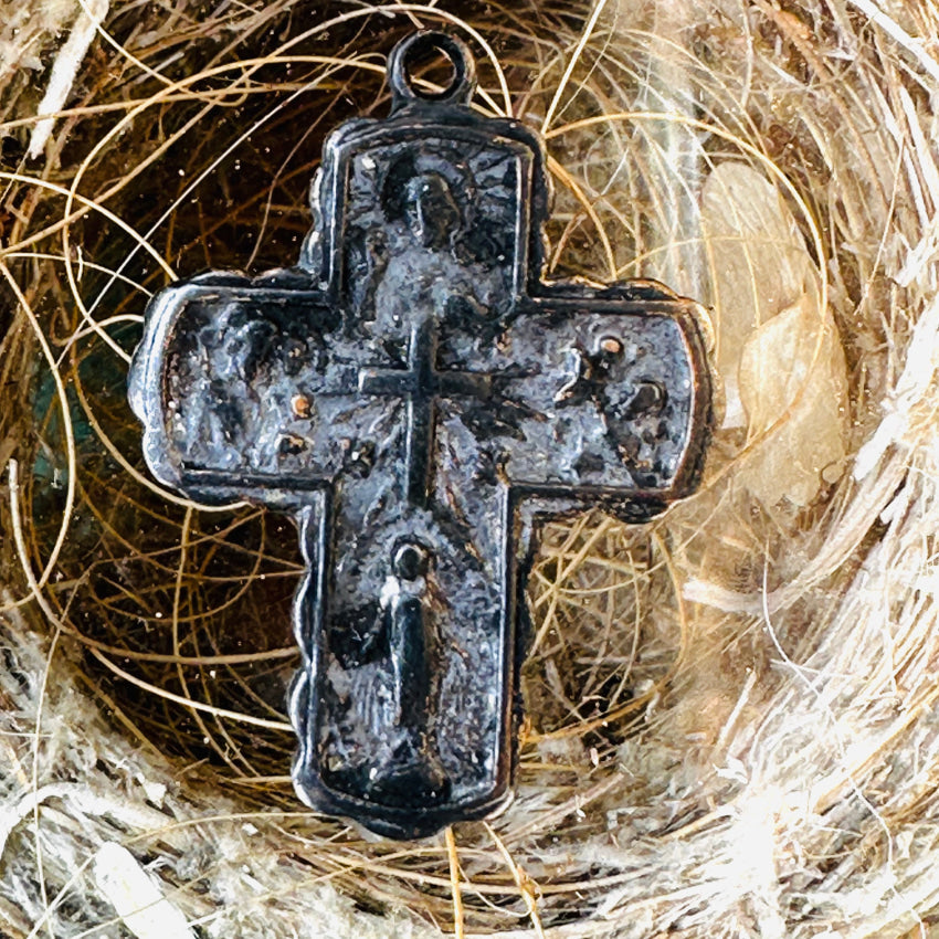 Old Very Tarnished Silver Over Brass Holy Cross Protective Pendant Apparel & Accessories