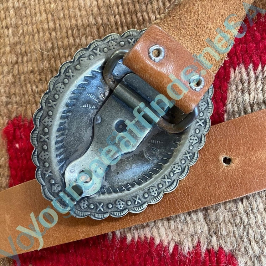 Old West Nickel Silver Concho Belt on Brown Leather Yourgreatfinds