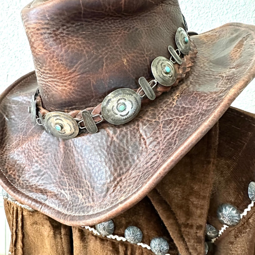 Old Wrought Sterling Silver Concho Turquoise Hatband Belt Navajo