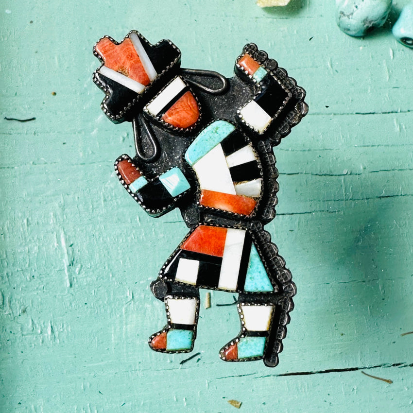 Old Zuni Rainbow Man Sterling Silver Turquoise Inlay Pin Brooch Apparel & Accessories