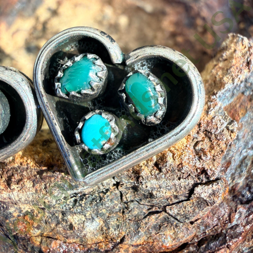 Old Zuni Snake Eye Turquoise Heart Earrings Sterling Silver Pierced Post earrings