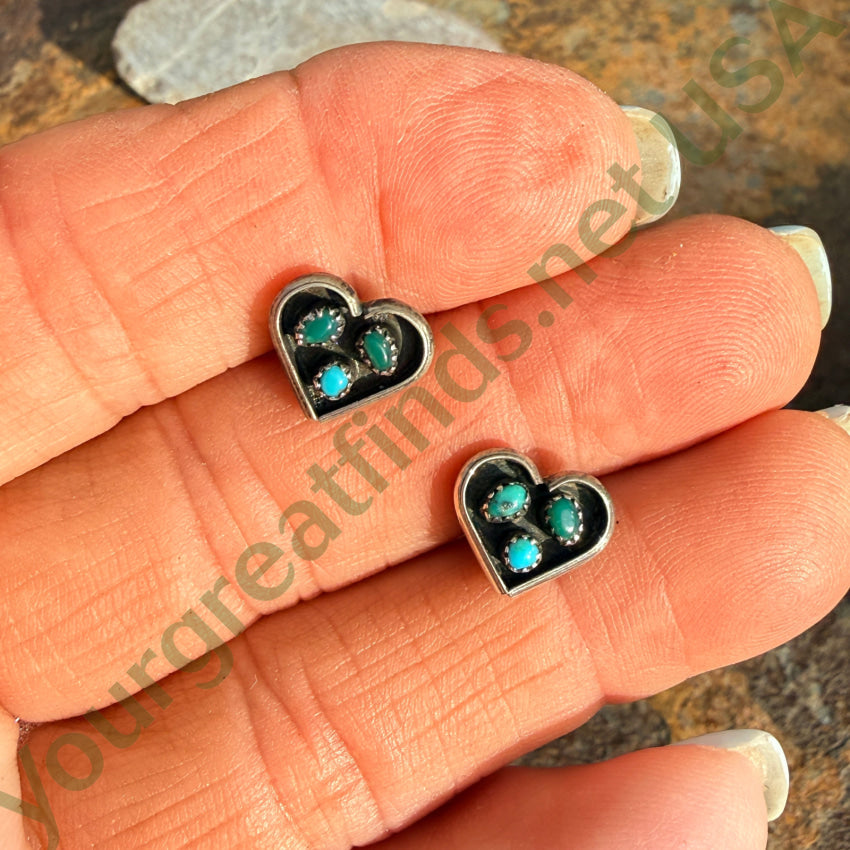 Old Zuni Snake Eye Turquoise Heart Earrings Sterling Silver Pierced Post earrings