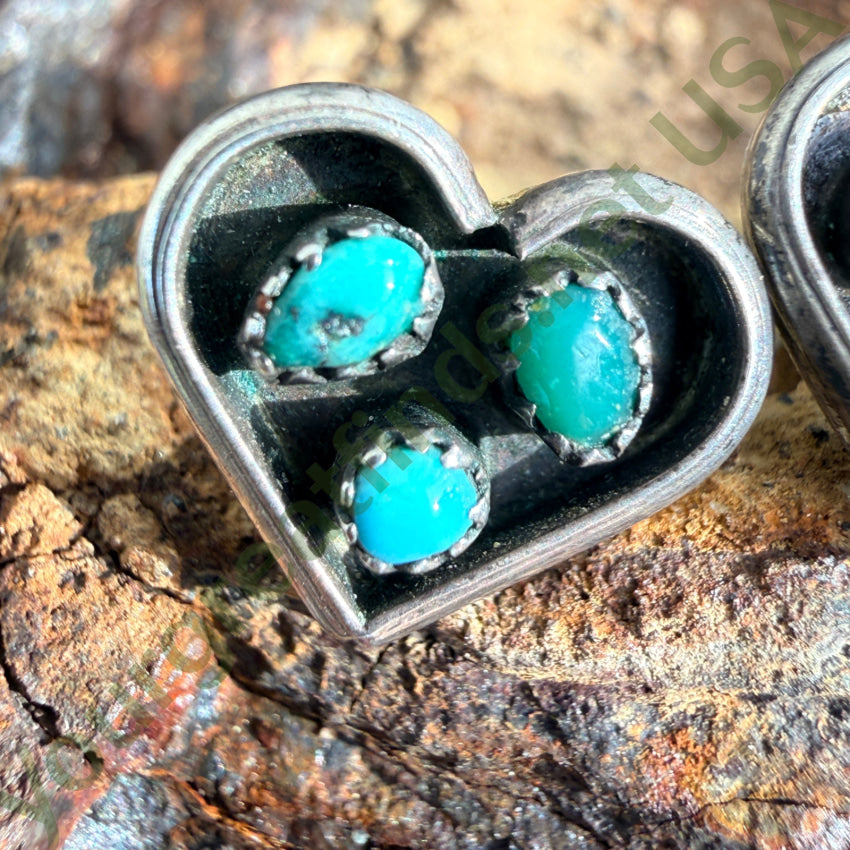 Old Zuni Snake Eye Turquoise Heart Earrings Sterling Silver Pierced Post earrings