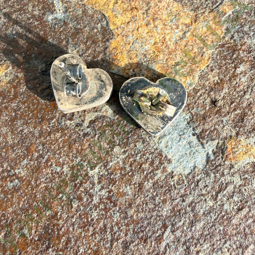 Old Zuni Snake Eye Turquoise Heart Earrings Sterling Silver Pierced Post earrings