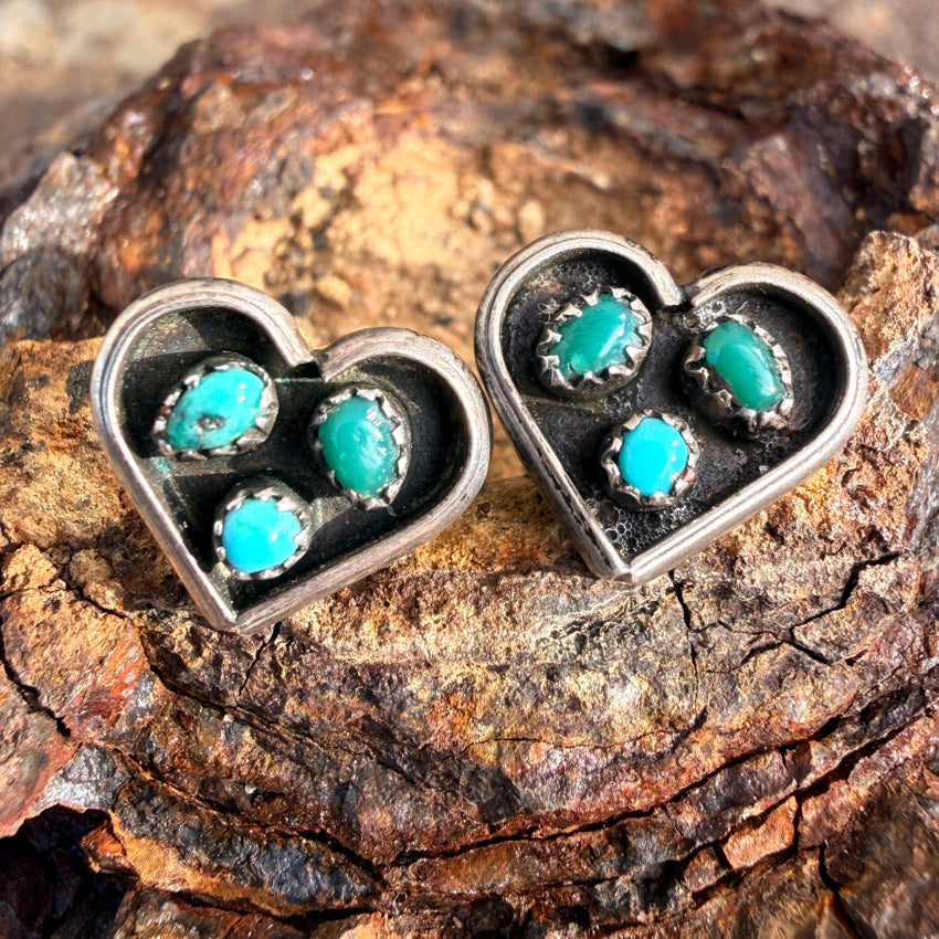 Old Zuni Snake Eye Turquoise Heart Earrings Sterling Silver Pierced Post earrings