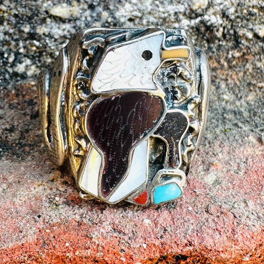 Old Zuni Sterling Silver American Bald Eagle & Snake Signet Ring Size 10.5 Ring