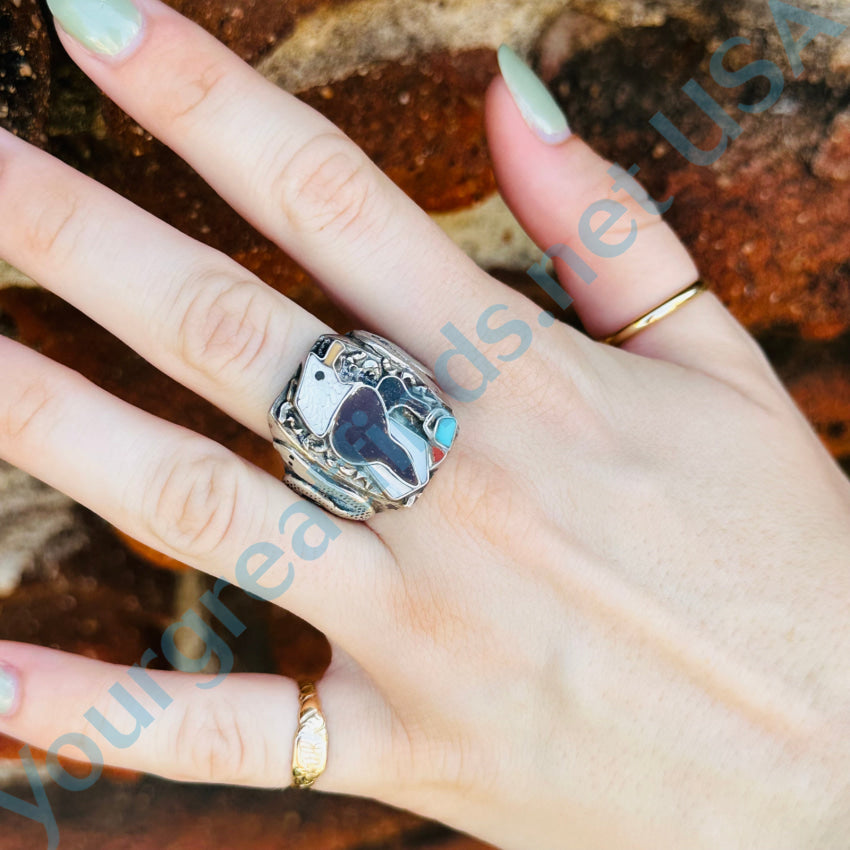 Old Zuni Sterling Silver American Bald Eagle & Snake Signet Ring Size 10.5 Ring