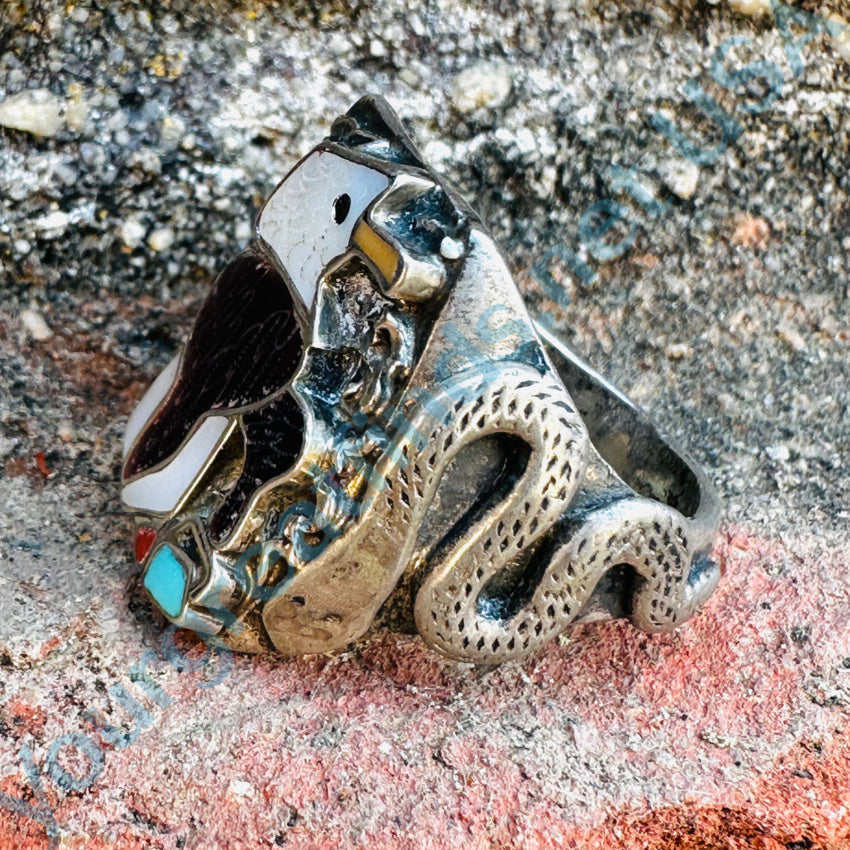 Old Zuni Sterling Silver American Bald Eagle & Snake Signet Ring Size 10.5 Ring