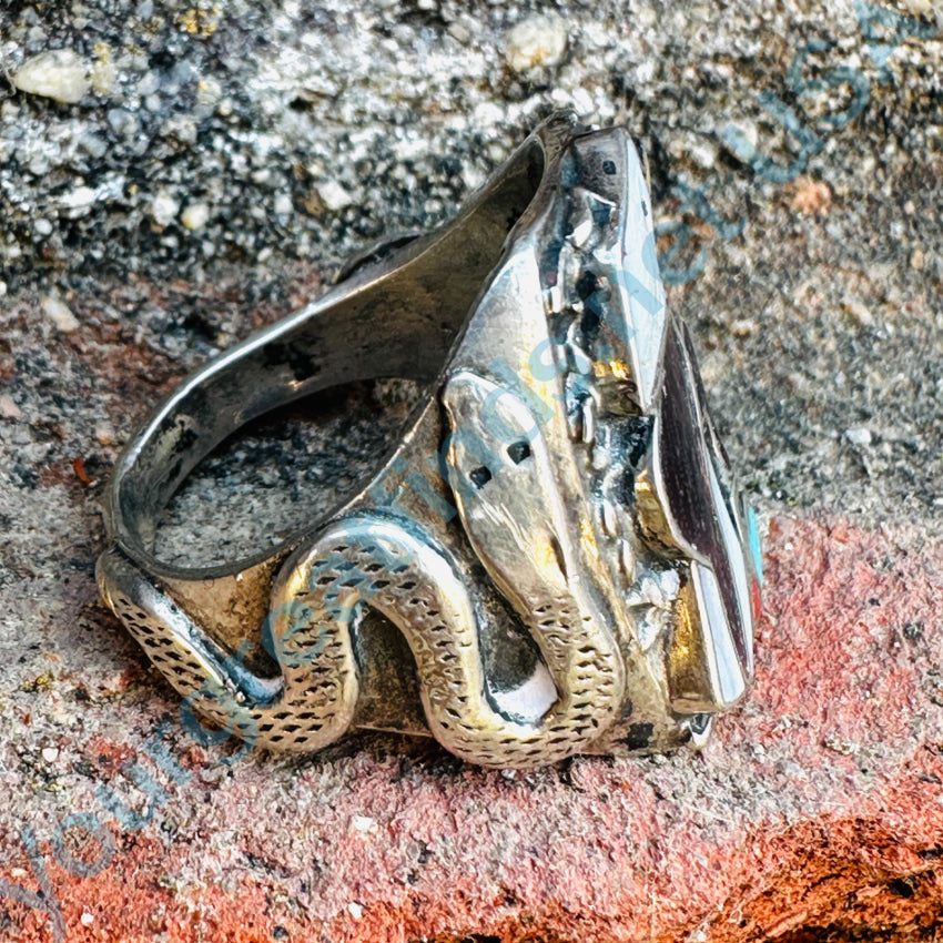 Old Zuni Sterling Silver American Bald Eagle & Snake Signet Ring Size 10.5 Ring