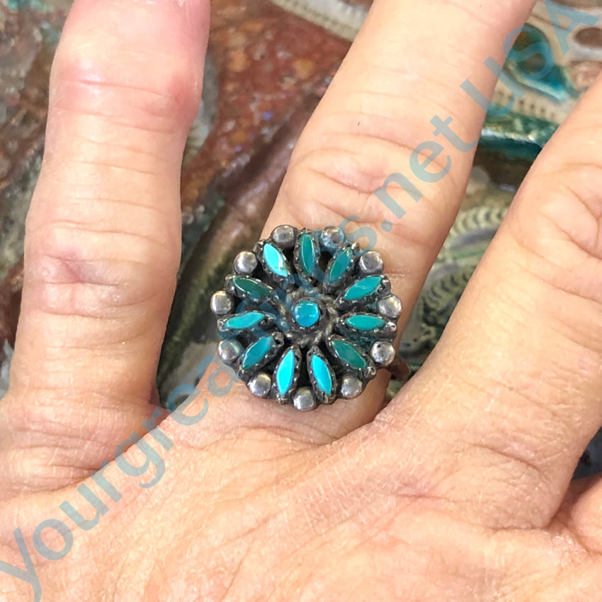 Old Zuni Sterling Silver &amp; Needlepoint Turquoise Rosette Ring Size 7