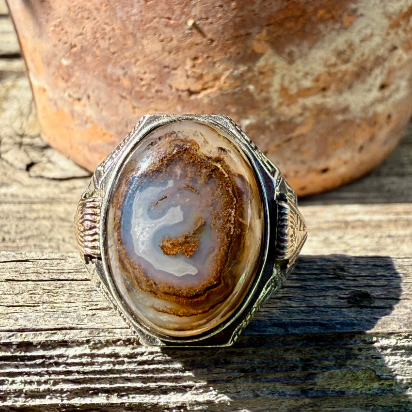 Otsby Barton Agate Signet Ring Sterling Silver 1/20 10K gold Size 9 ring