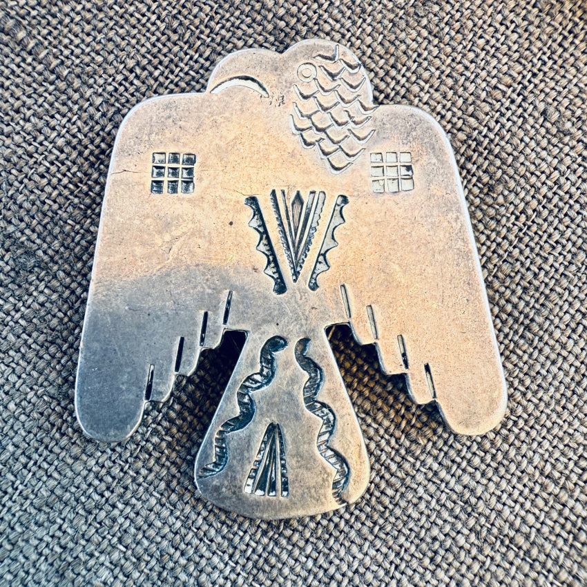 Outstanding Early Navajo Thunderbird Dress Clip Sterling Silver Stamped pin