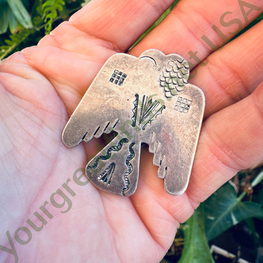 Outstanding Early Navajo Thunderbird Dress Clip Sterling Silver Stamped pin