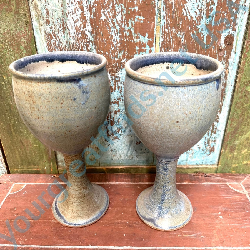 Pair Vintage Studio Stoneware Pottery Goblets Blue Glaze