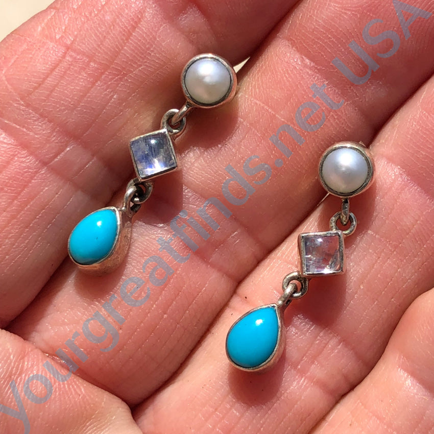 Pearl Rainbow Moonstone Turquoise Sterling Silver Pierced Post Earrings Earrings