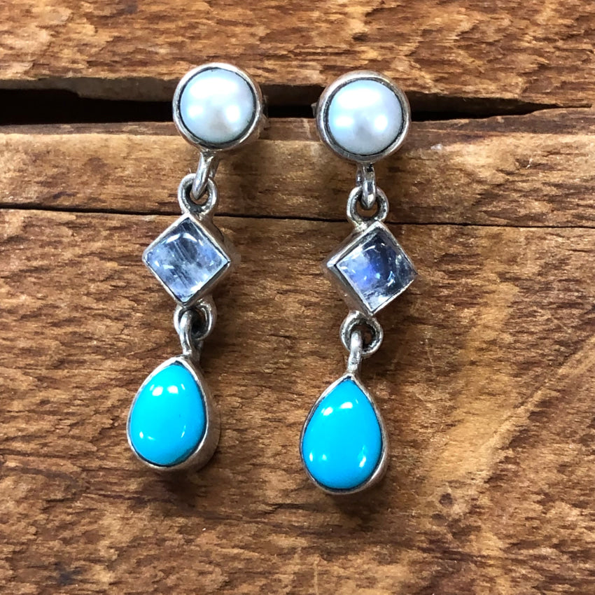 Pearl Rainbow Moonstone Turquoise Sterling Silver Pierced Post Earrings Earrings