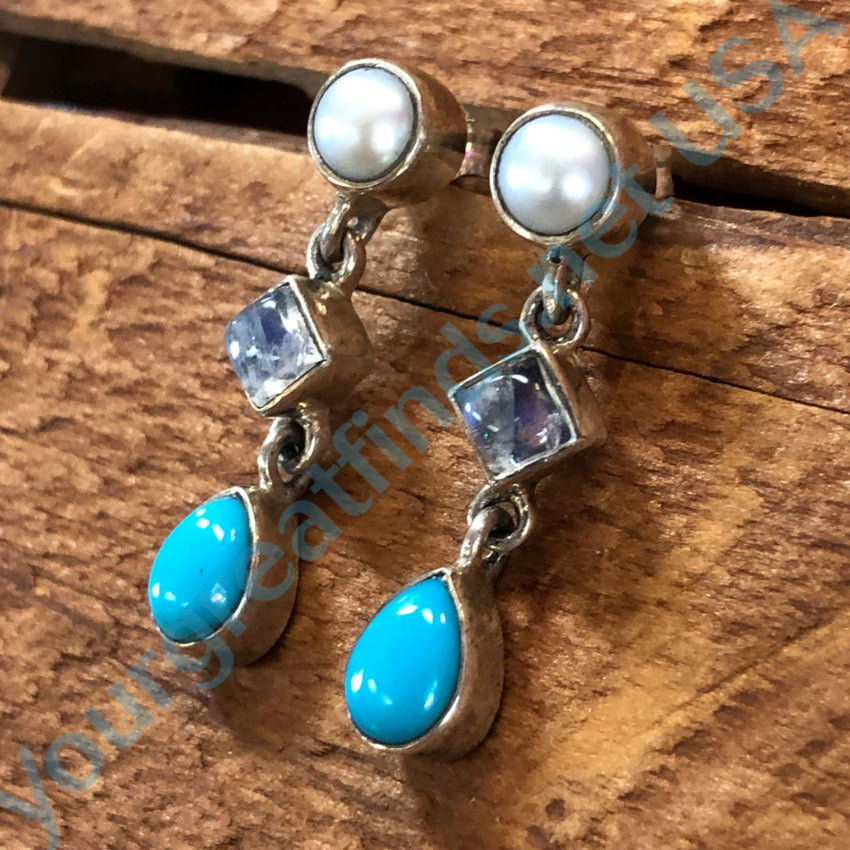 Pearl Rainbow Moonstone Turquoise Sterling Silver Pierced Post Earrings Earrings