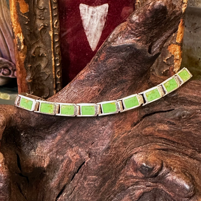 Peyote Bird Sterling Silver & Inlay Green Gaspeite Tennis Bracelet Bracelet