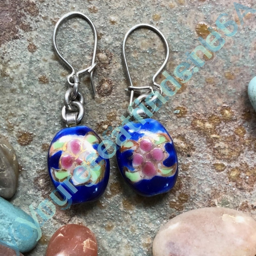 Pierced Earrings Chinese Export Indigo Cloisonné Sterling Silver Yourgreatfinds