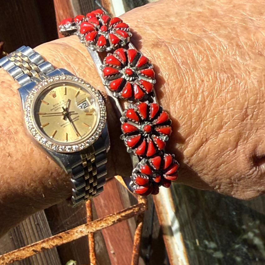 Pre-owned Red Coral Rosette Sterling Silver Cuff Bracelet bracelet