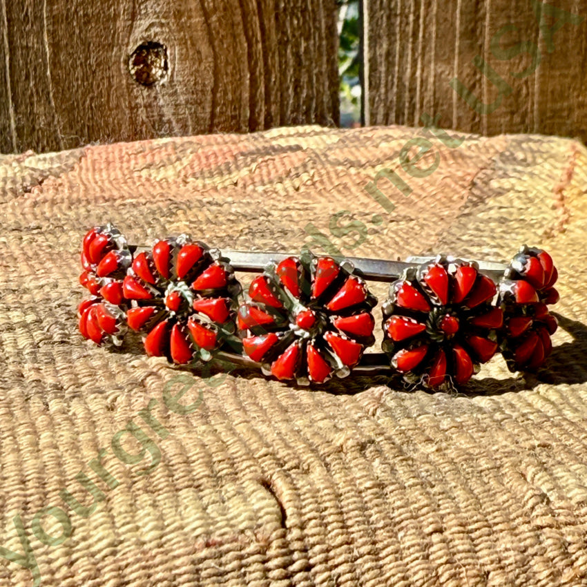 Pre-owned Red Coral Rosette Sterling Silver Cuff Bracelet bracelet